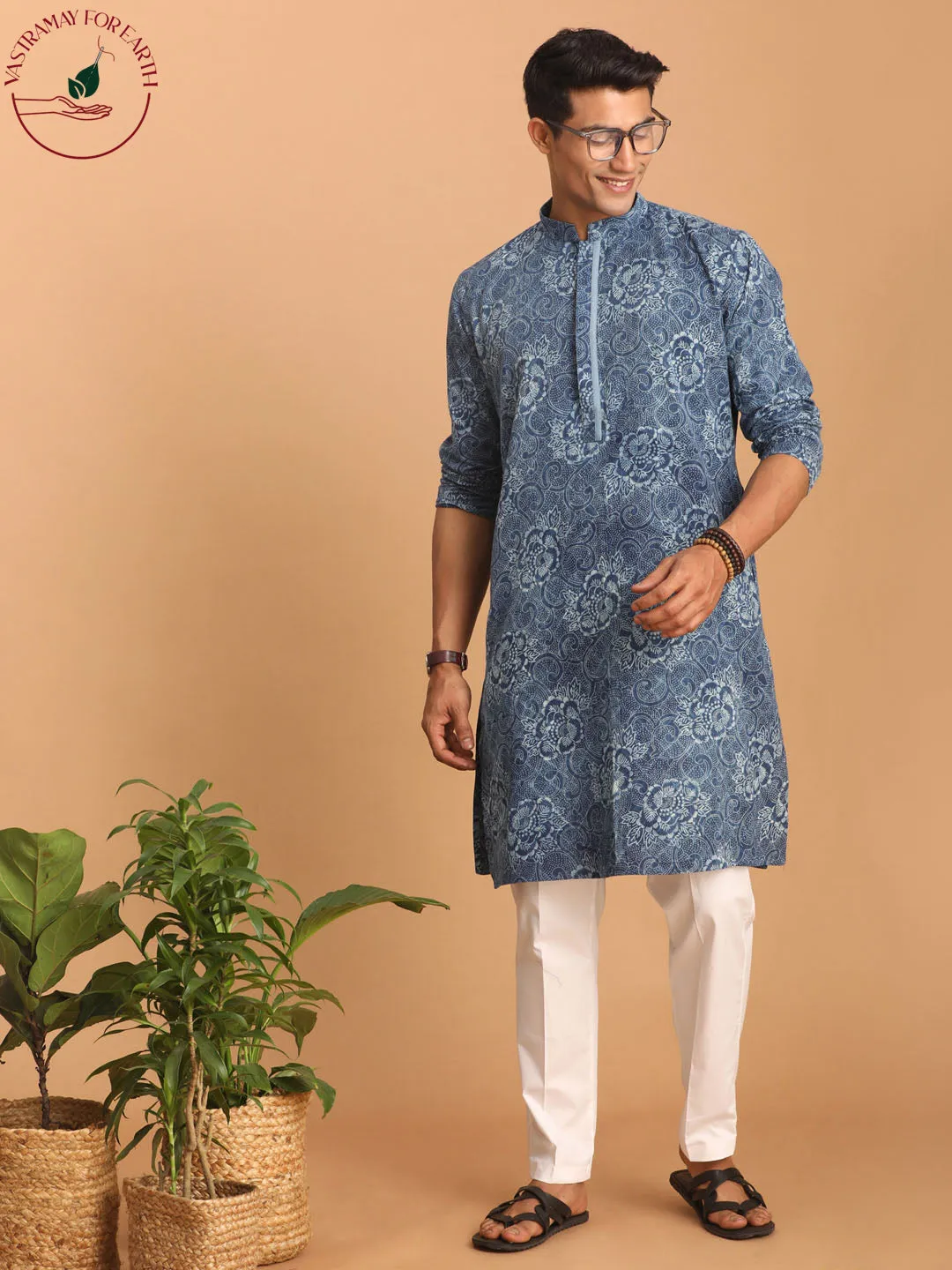 VASTRAMAY Blue Dot Printed Denim Kurta Set