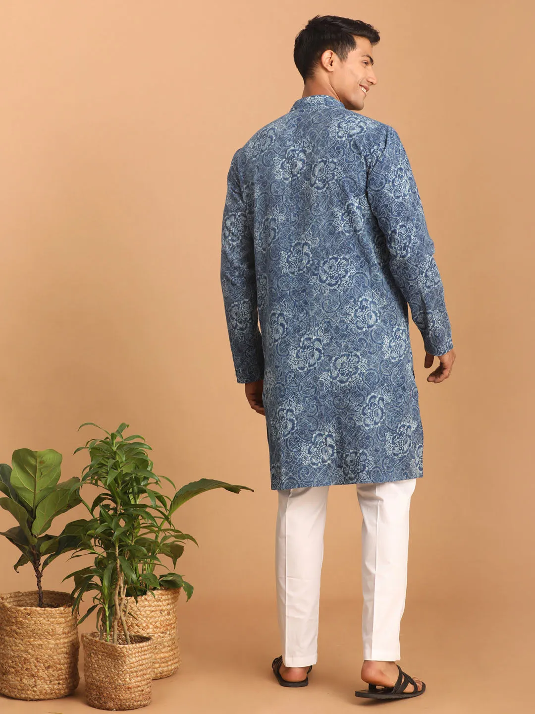 VASTRAMAY Blue Dot Printed Denim Kurta Set