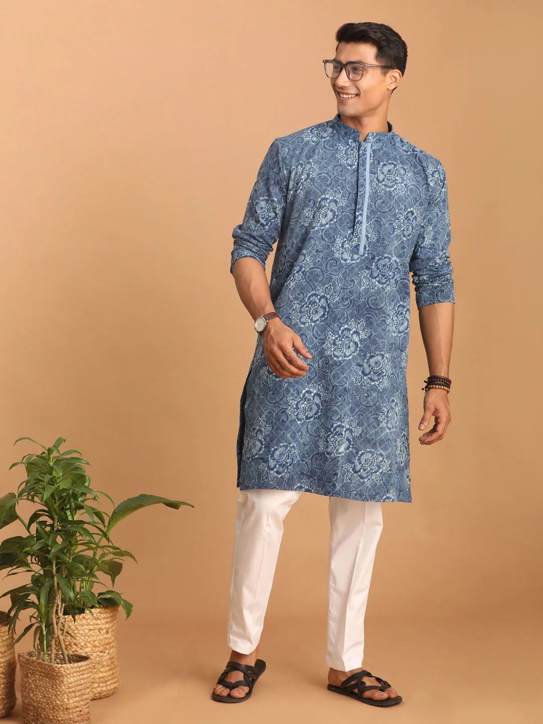 VASTRAMAY Blue Dot Printed Denim Kurta Set