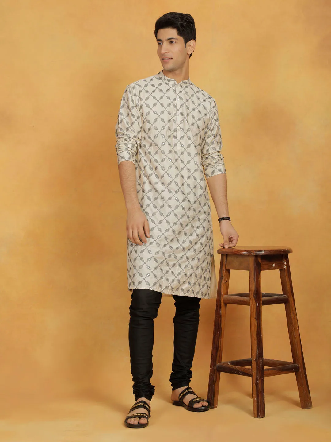 VASTRAMAY Cream & Black Cotton Kurta Set