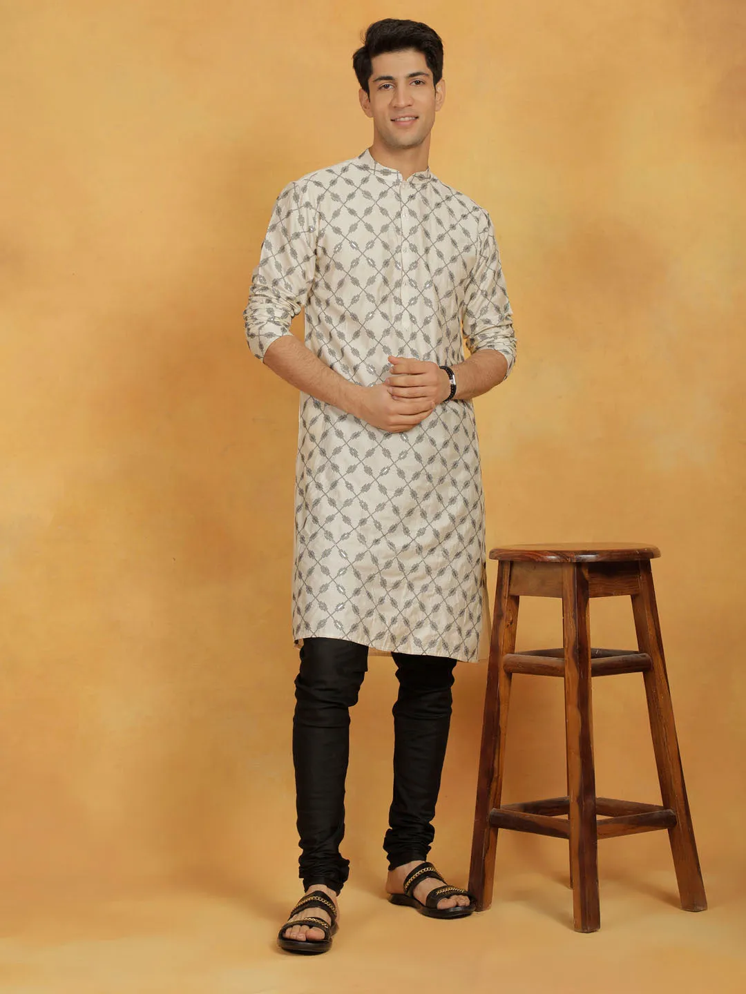 VASTRAMAY Cream & Black Cotton Kurta Set