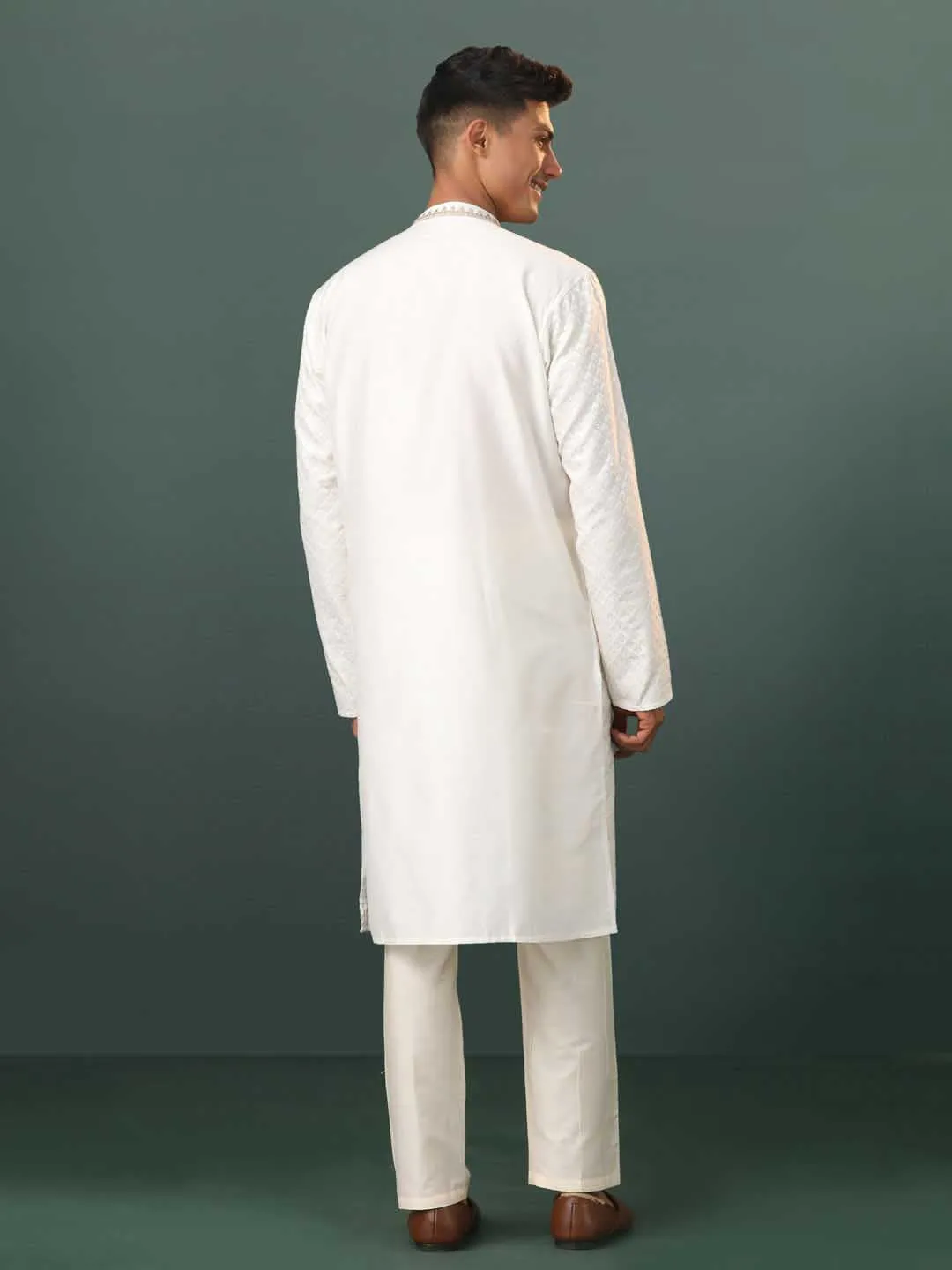 Vastramay Cream Embroidered Cotton Kurta Pyjama