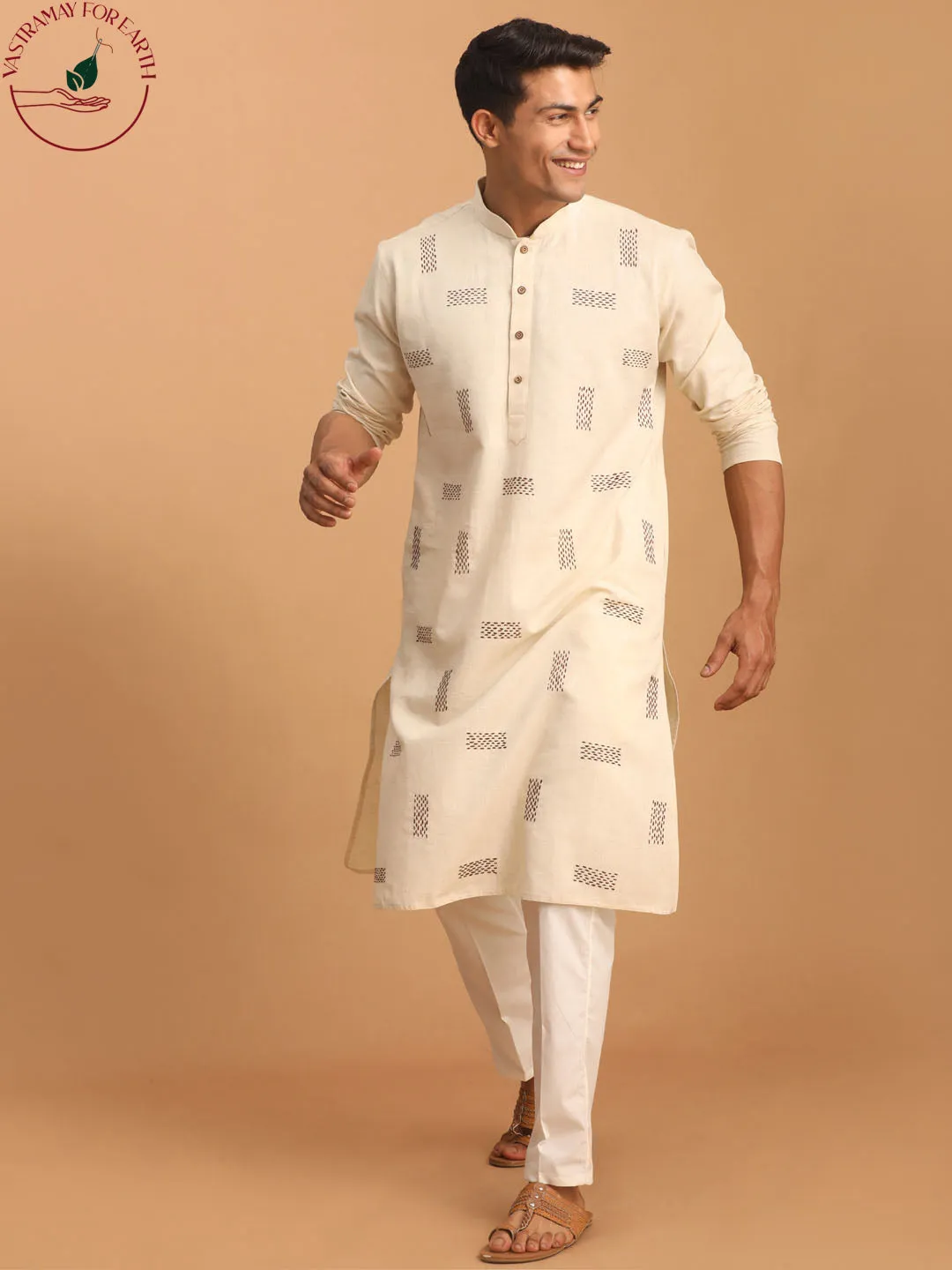 Vastramay Cream Embroidered Cotton Kurta Set