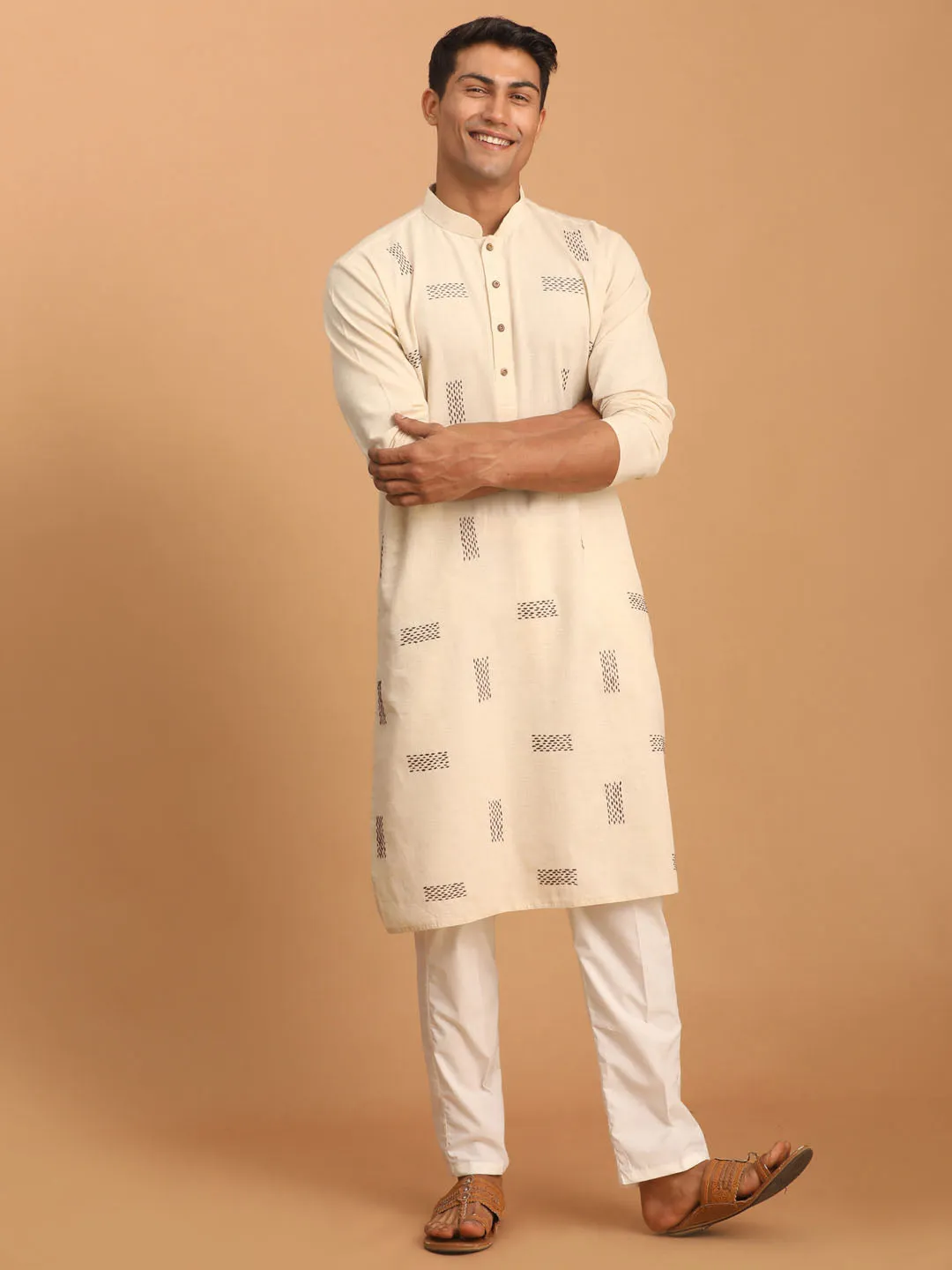 Vastramay Cream Embroidered Cotton Kurta Set