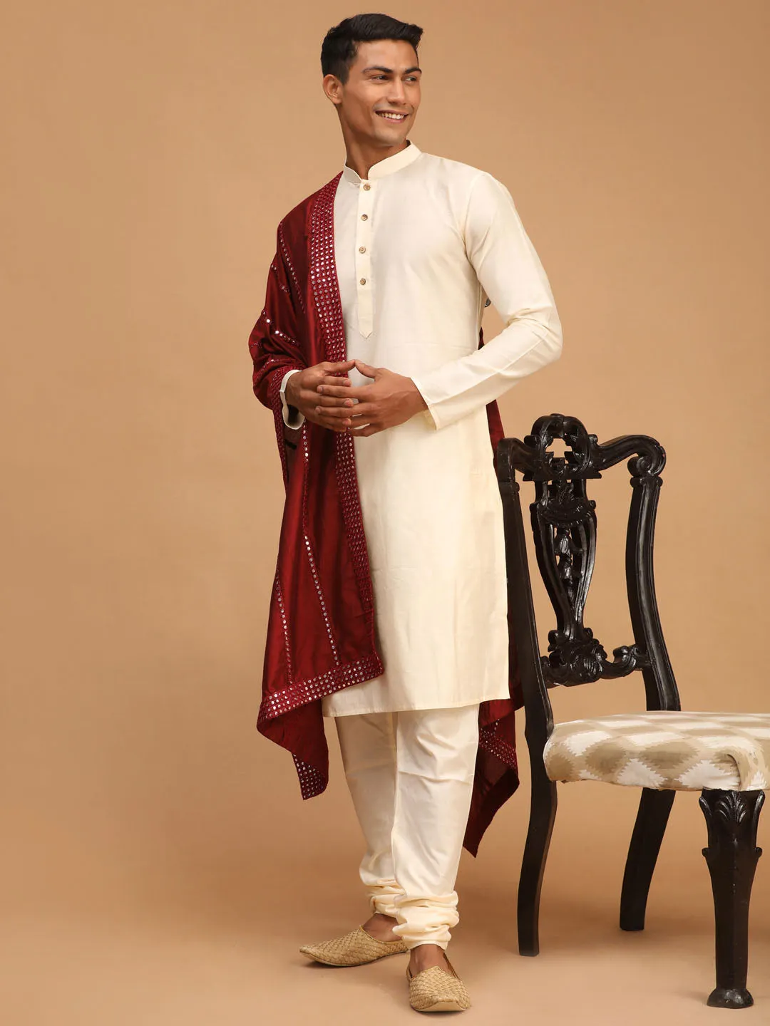 VASTRAMAY Cream Viscose Kurta Pyjama Set