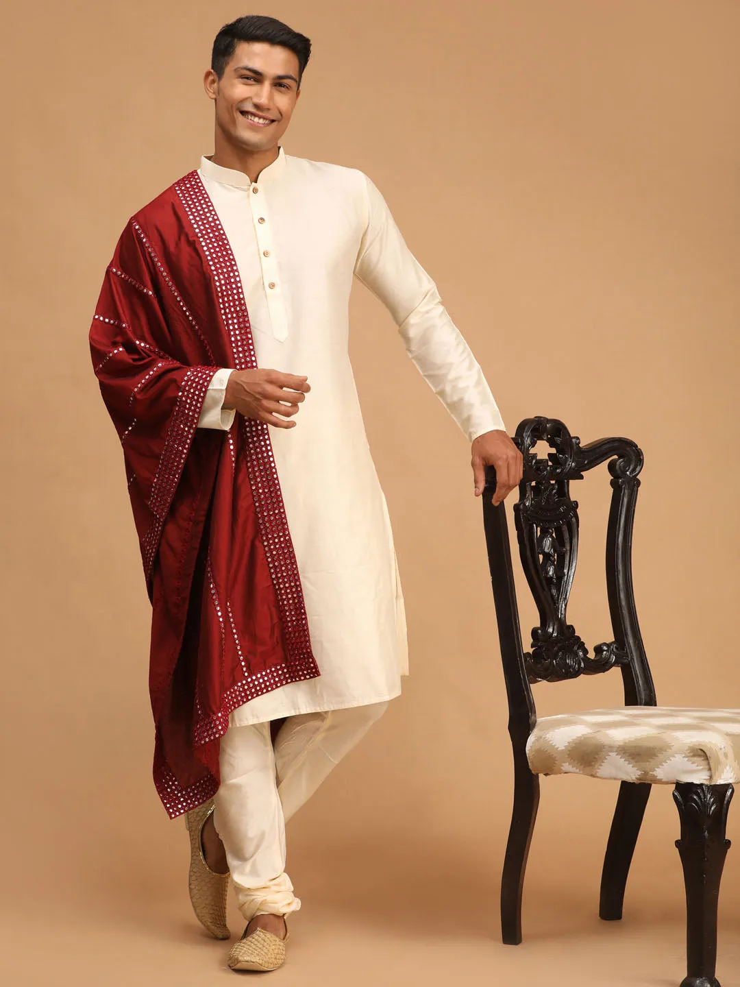 VASTRAMAY Cream Viscose Kurta Pyjama Set