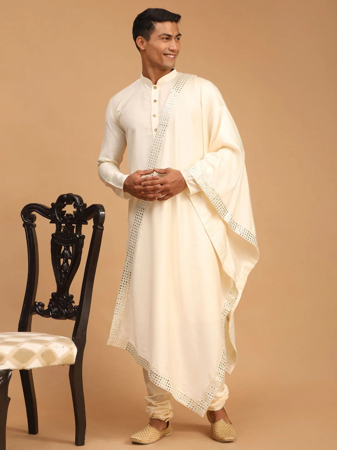 VASTRAMAY Cream Viscose Kurta Pyjama Set