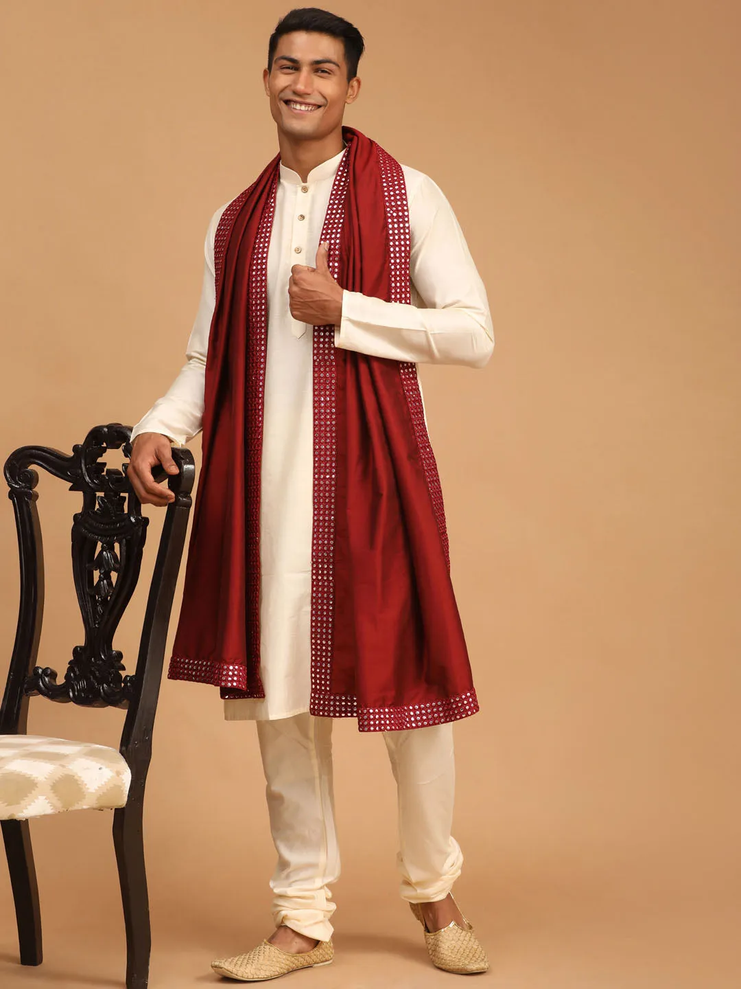 VASTRAMAY Cream Viscose Kurta Pyjama Set