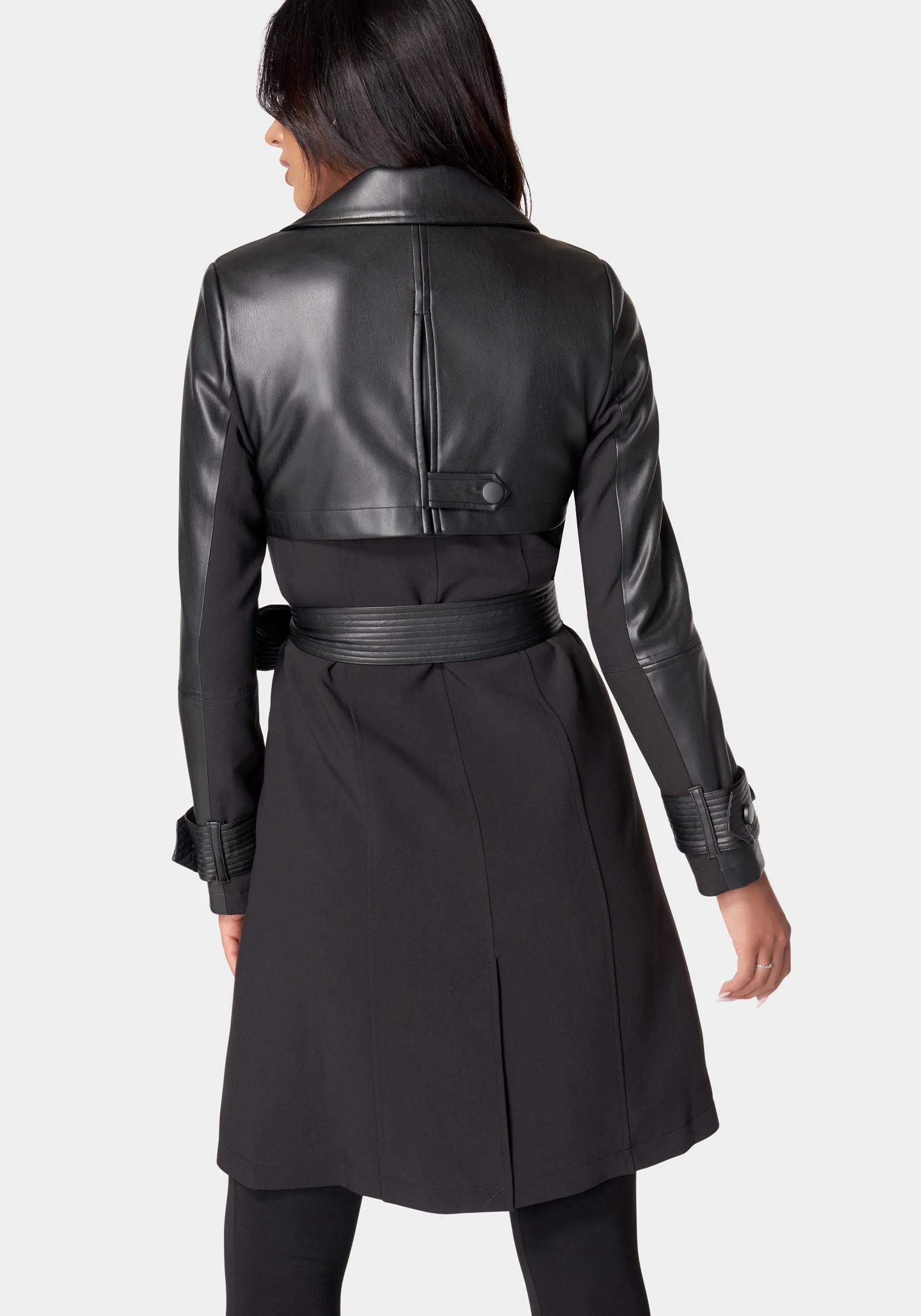 Vegan Leather Combo Woven Twill Trench Coat