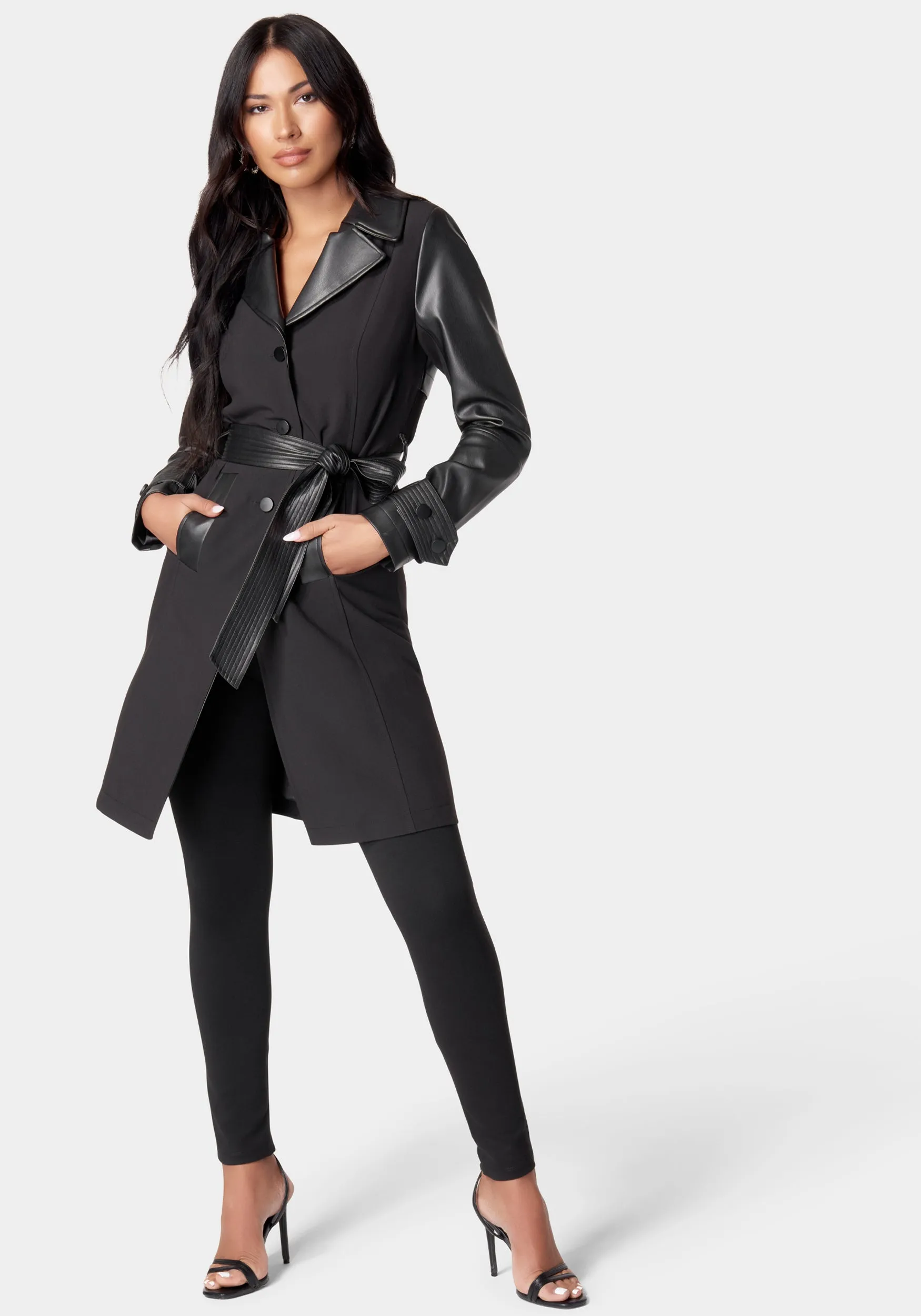 Vegan Leather Combo Woven Twill Trench Coat