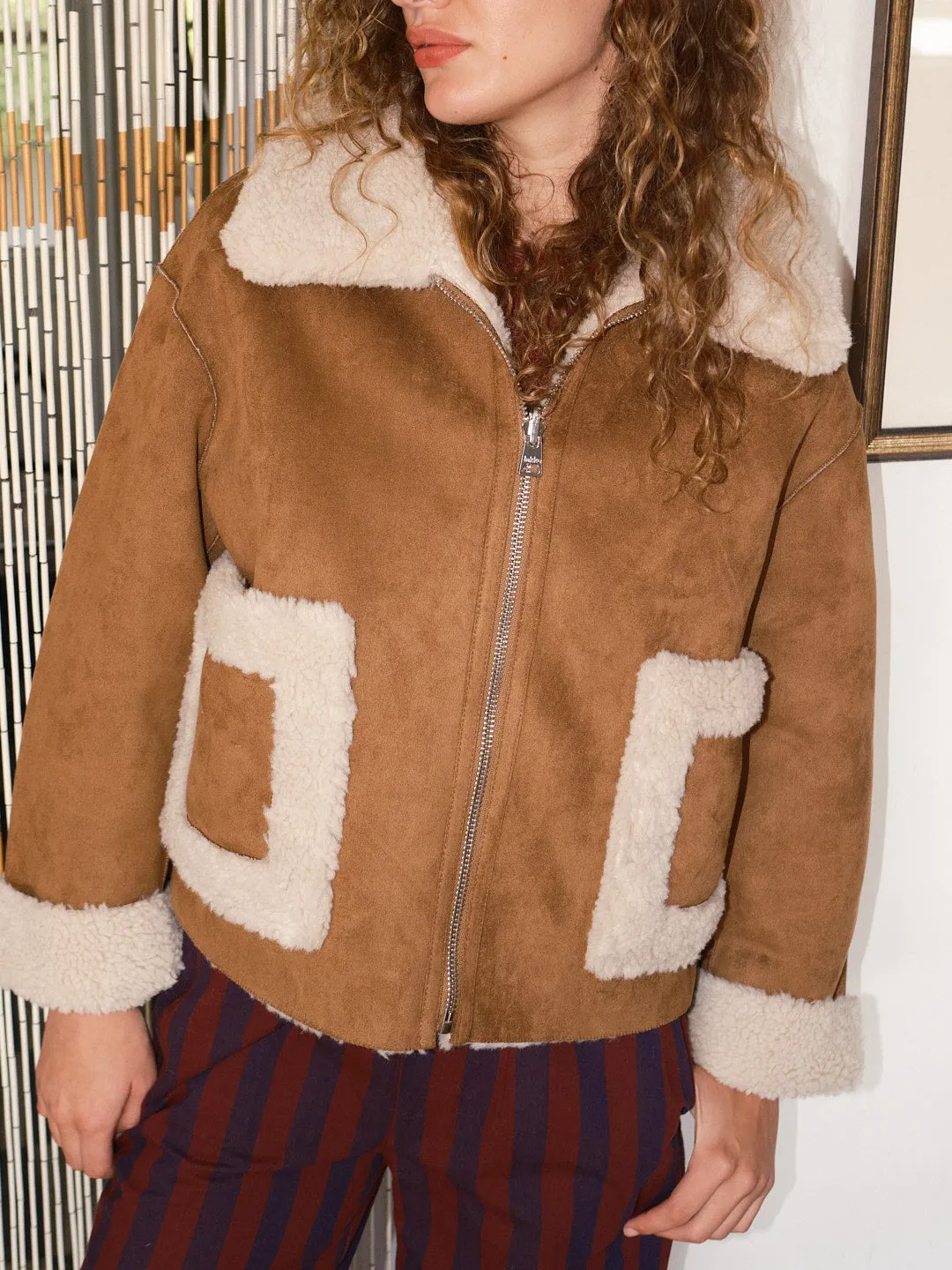 Vera Shearling Aviator Jacket - Tan/Cream