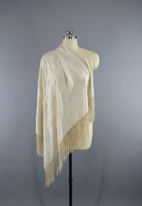 Vintage 1920s - 1930s Ivory Silk Embroidered Piano Shawl