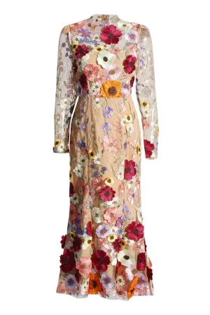 Vintage Floral Embroidered Sheer Mesh Long Sleeve Fishtail Midi Dress