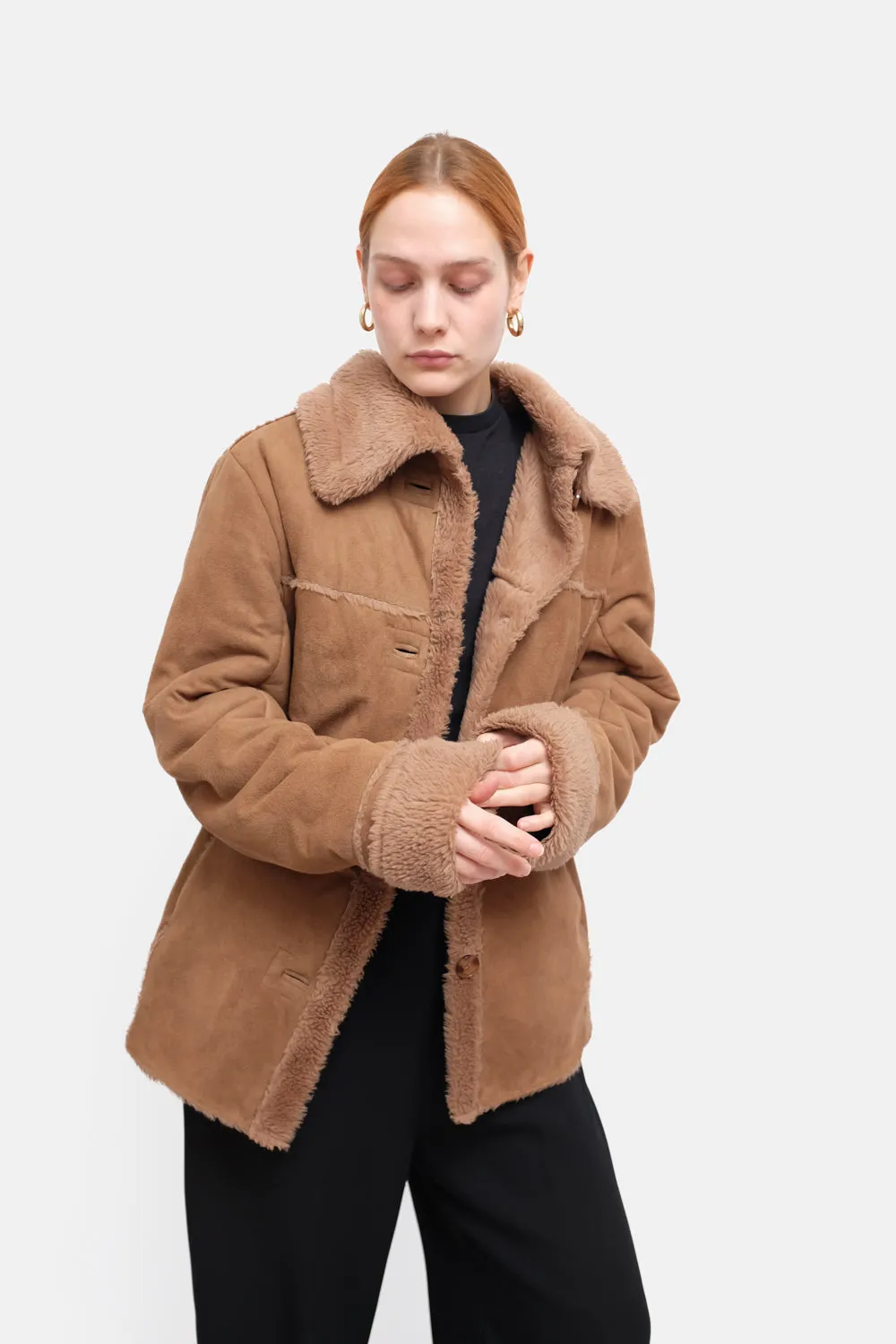 VINTAGE VEGAN TEDDY BROWN SHEARLING JACKET