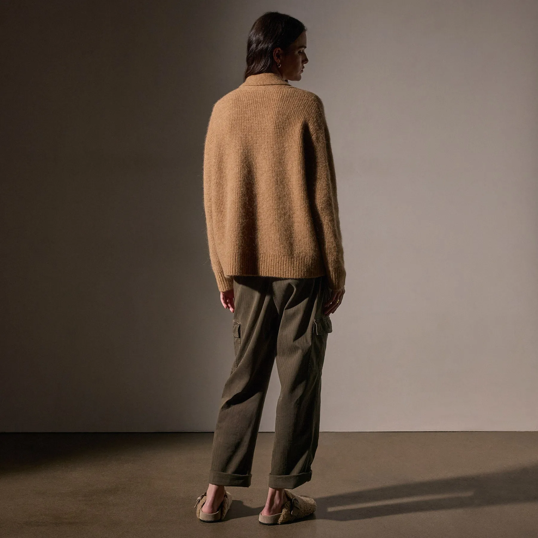 Waffle Knit Shawl Collar Sweater - Camel