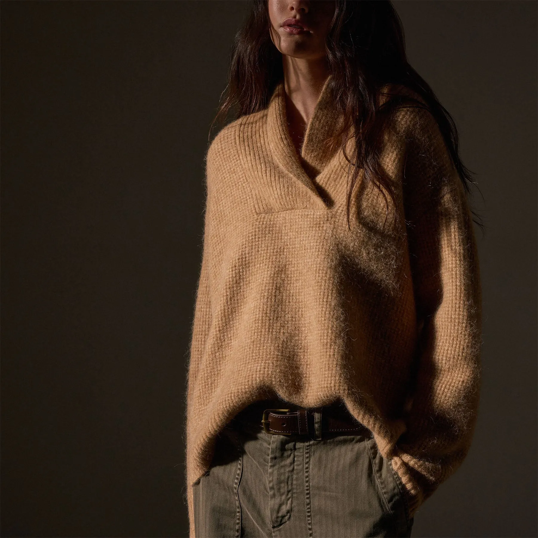 Waffle Knit Shawl Collar Sweater - Camel