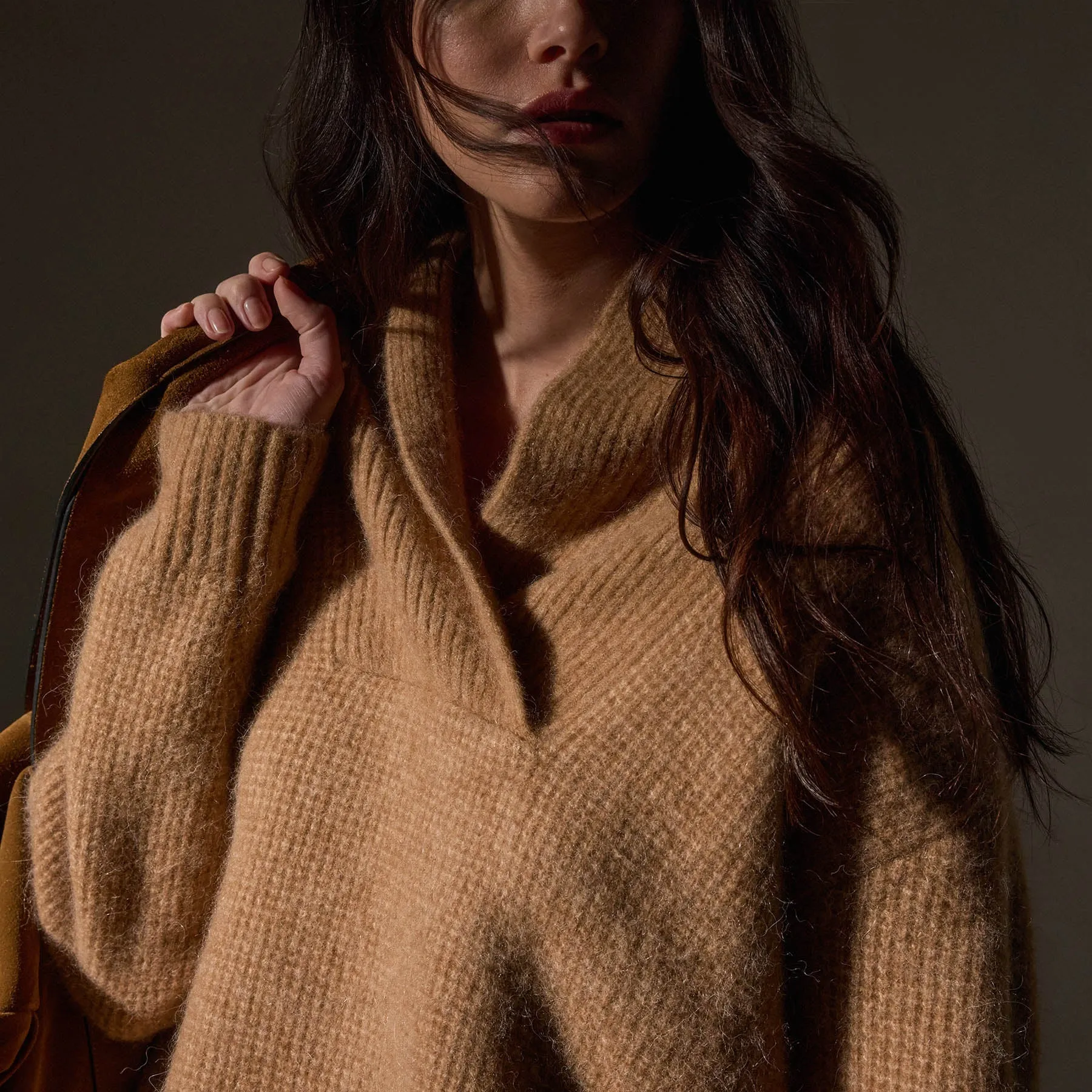 Waffle Knit Shawl Collar Sweater - Camel