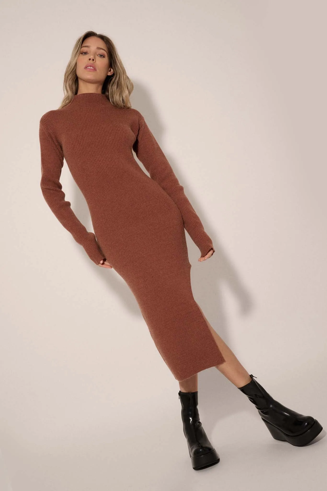 Warm It Up Ribbed-Knit Mock Neck Sweater Dress