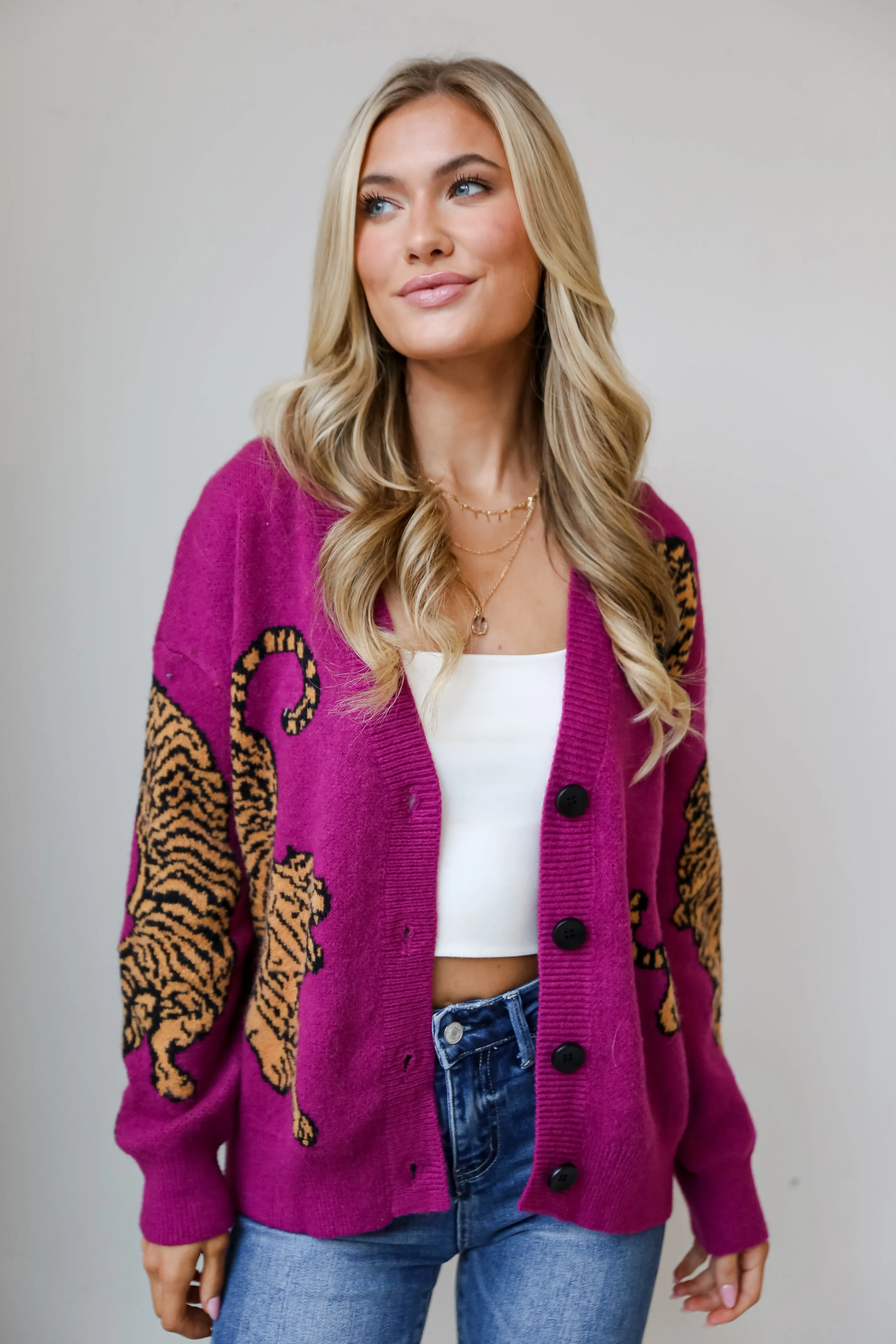 Wild Comfort Magenta Tiger Oversized Sweater Cardigan