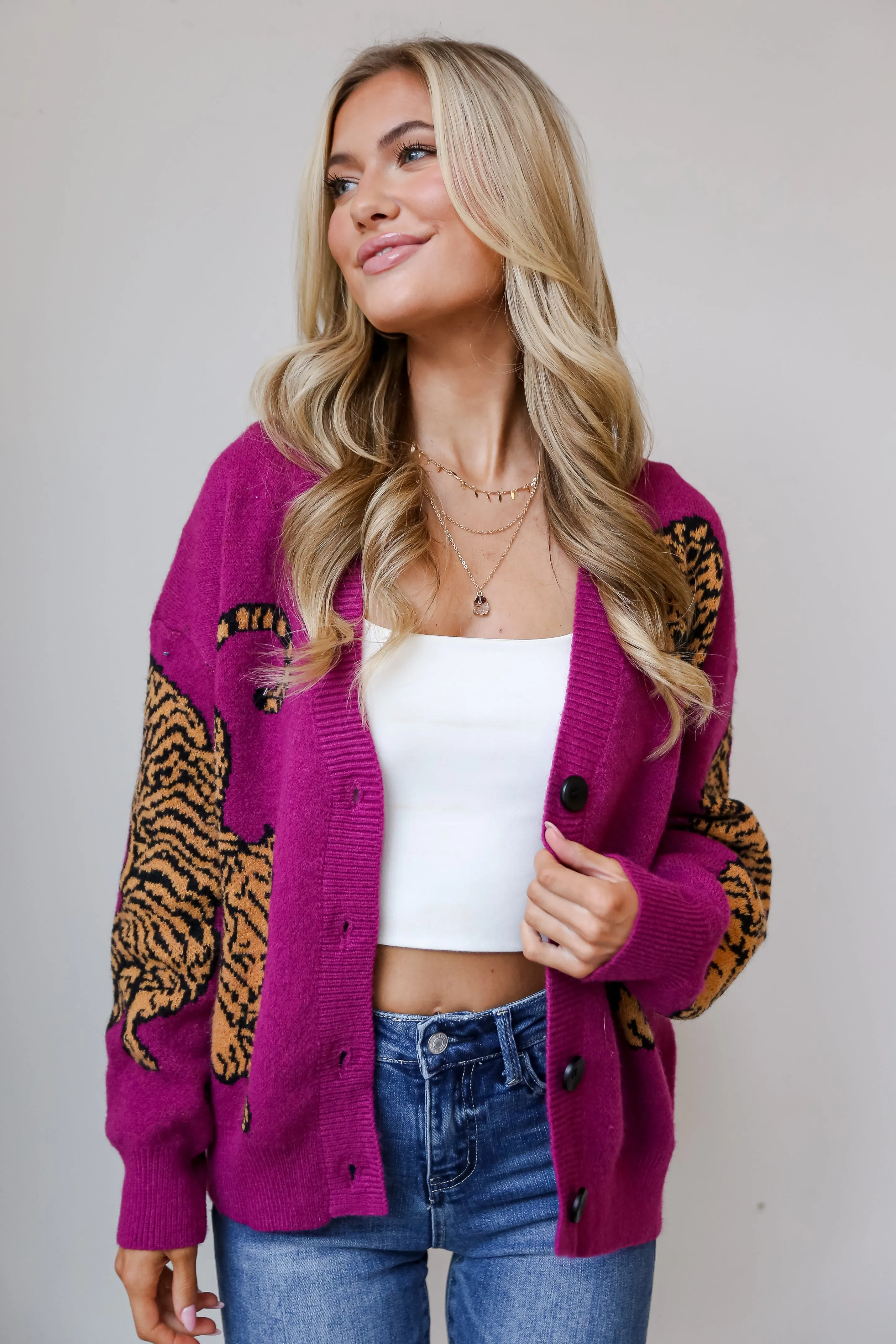 Wild Comfort Magenta Tiger Oversized Sweater Cardigan