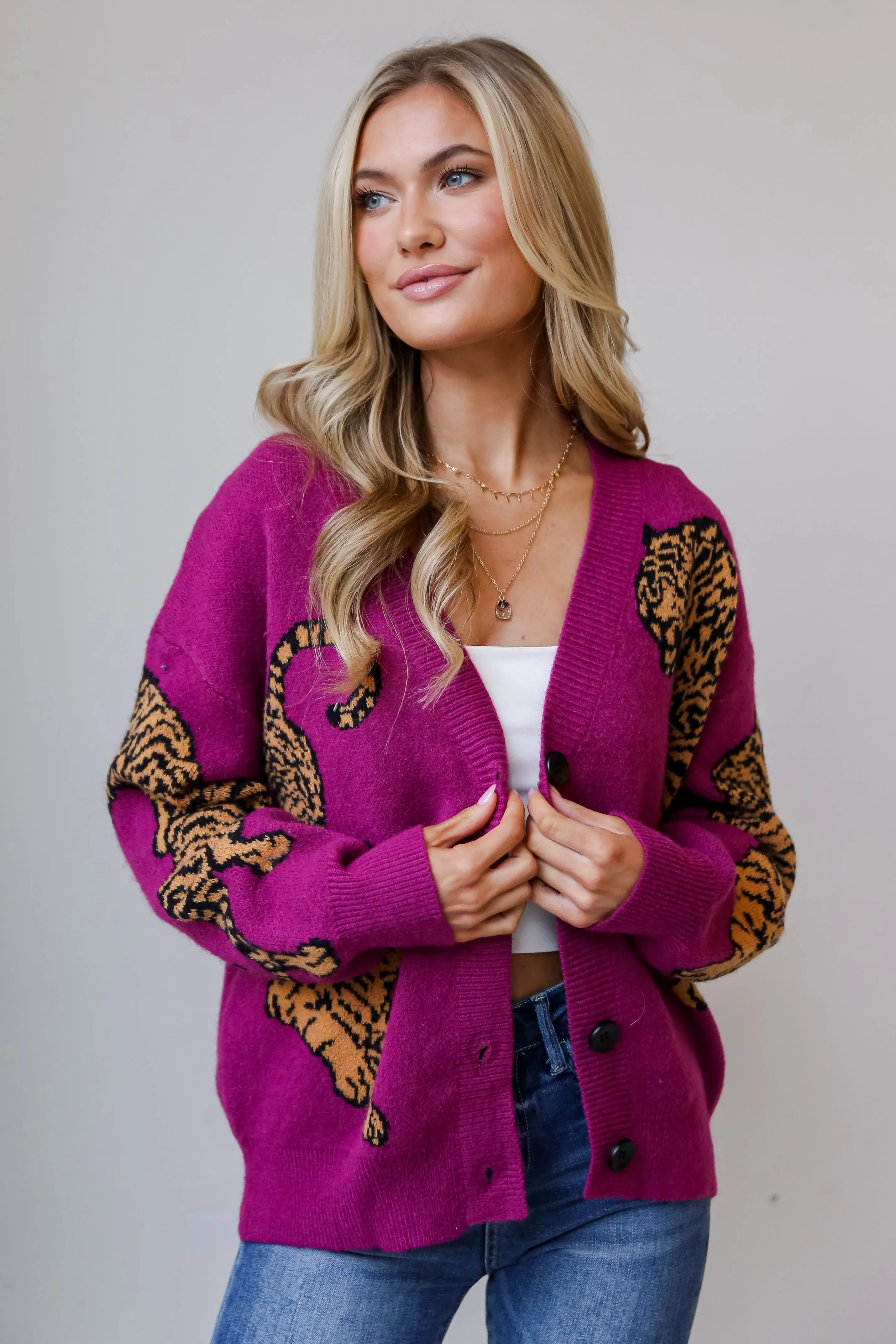 Wild Comfort Magenta Tiger Oversized Sweater Cardigan