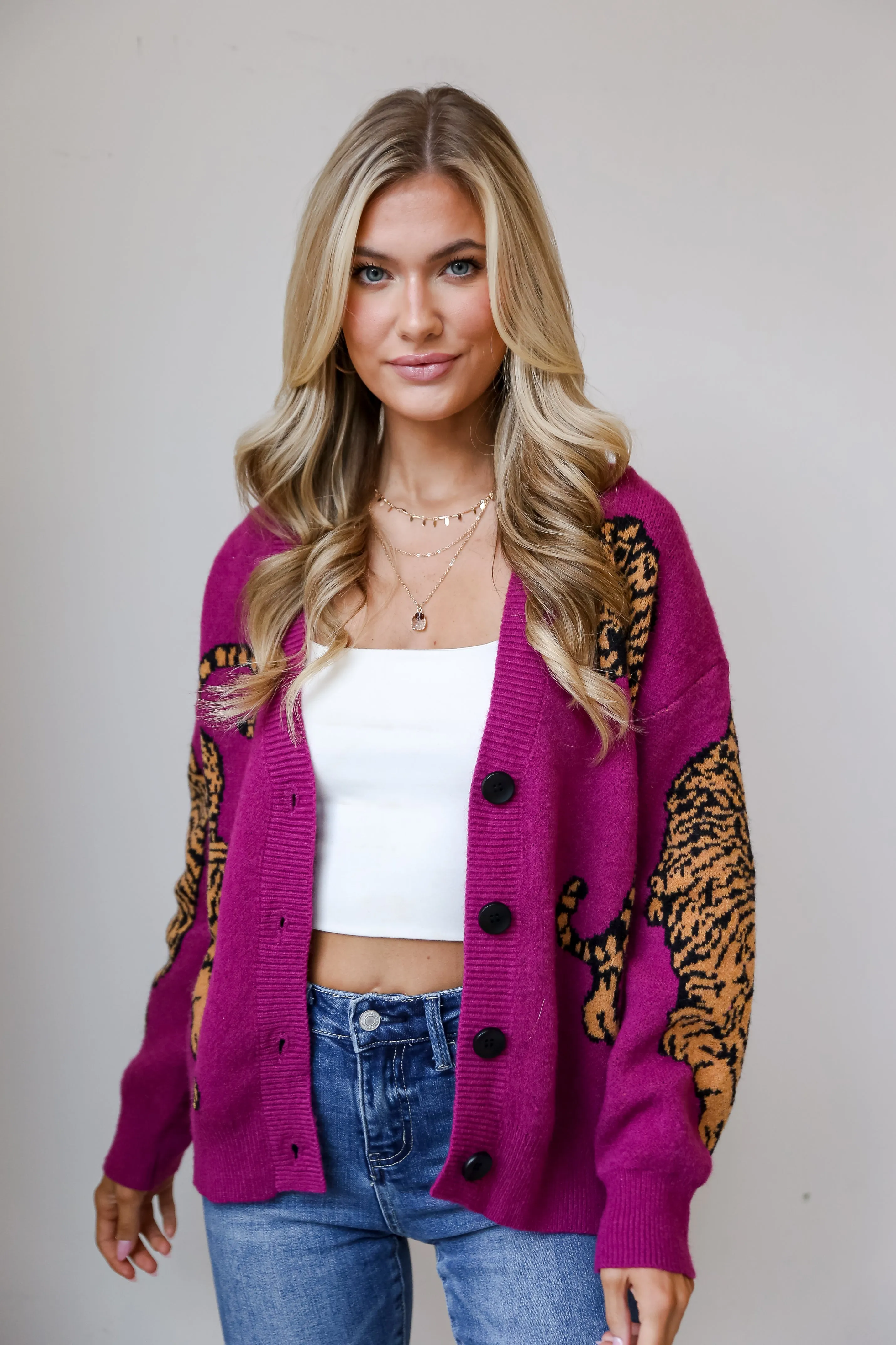 Wild Comfort Magenta Tiger Oversized Sweater Cardigan