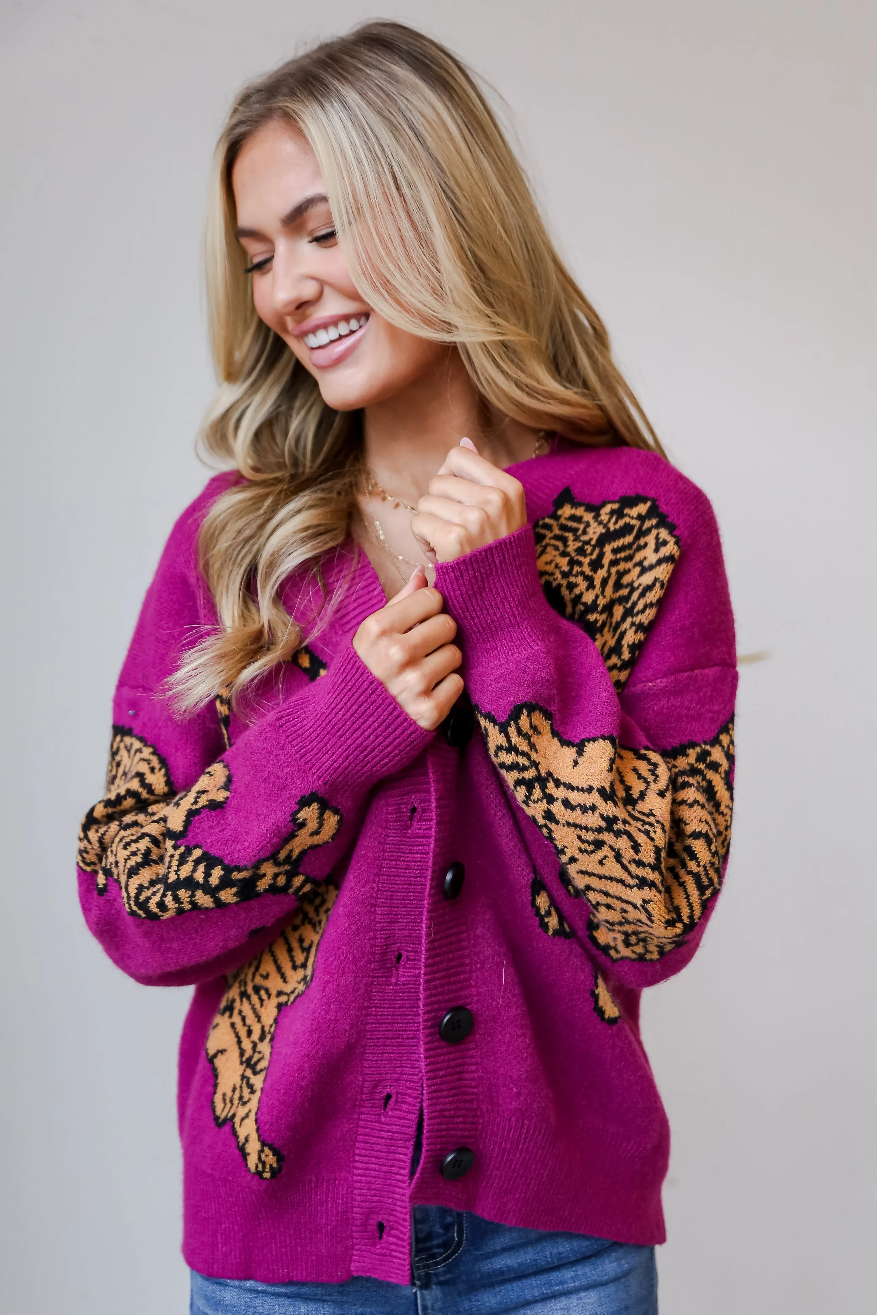 Wild Comfort Magenta Tiger Oversized Sweater Cardigan