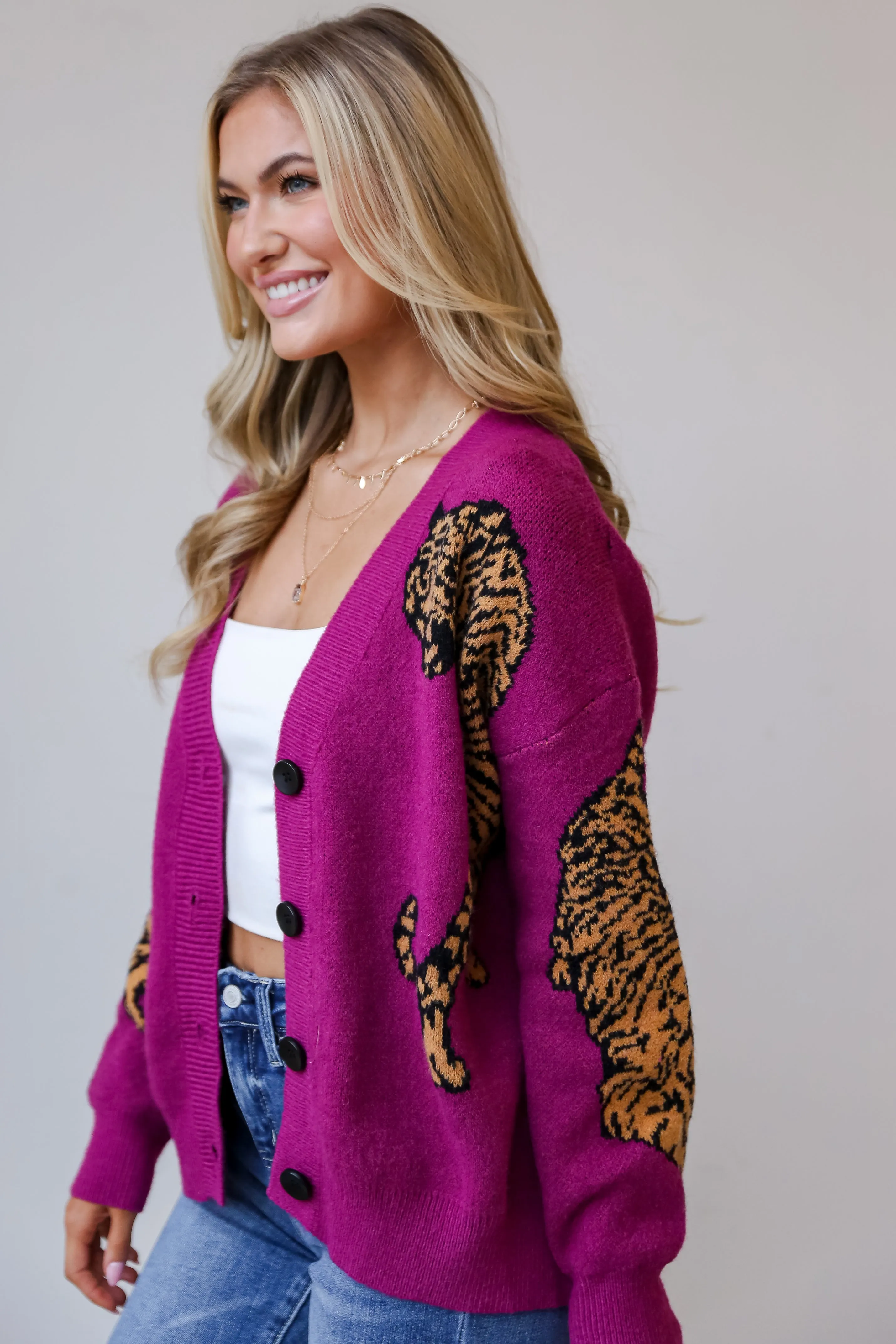 Wild Comfort Magenta Tiger Oversized Sweater Cardigan