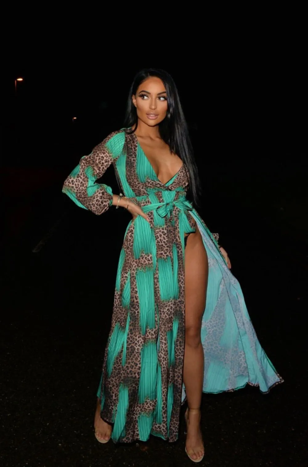 Wild Love Mint Green & Leopard Print Plunge Long Sleeve Double Slit Maxi Dress