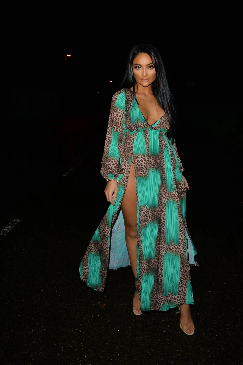 Wild Love Mint Green & Leopard Print Plunge Long Sleeve Double Slit Maxi Dress