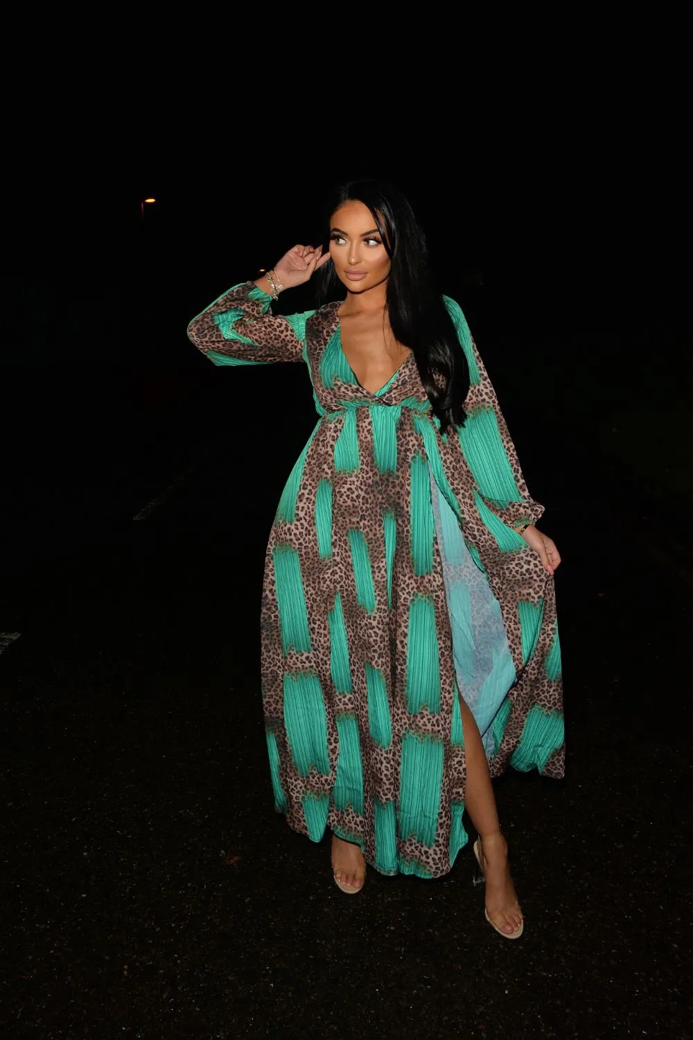 Wild Love Mint Green & Leopard Print Plunge Long Sleeve Double Slit Maxi Dress