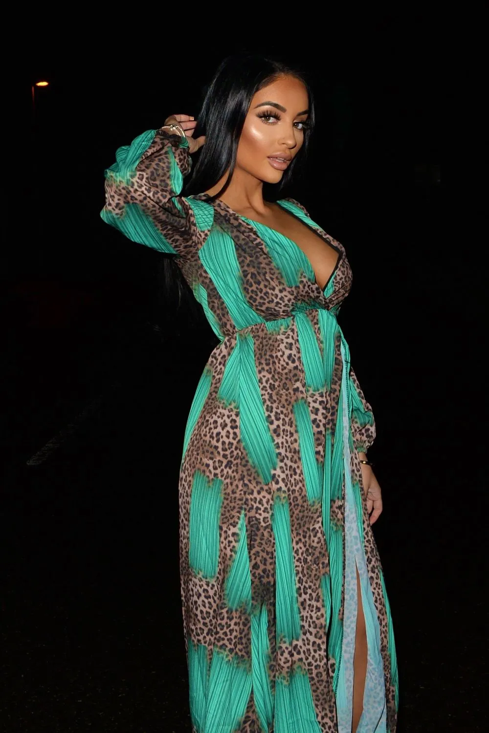 Wild Love Mint Green & Leopard Print Plunge Long Sleeve Double Slit Maxi Dress