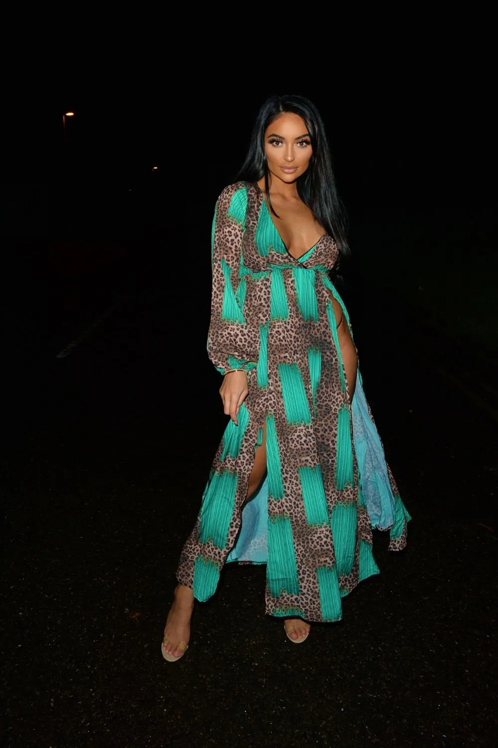 Wild Love Mint Green & Leopard Print Plunge Long Sleeve Double Slit Maxi Dress