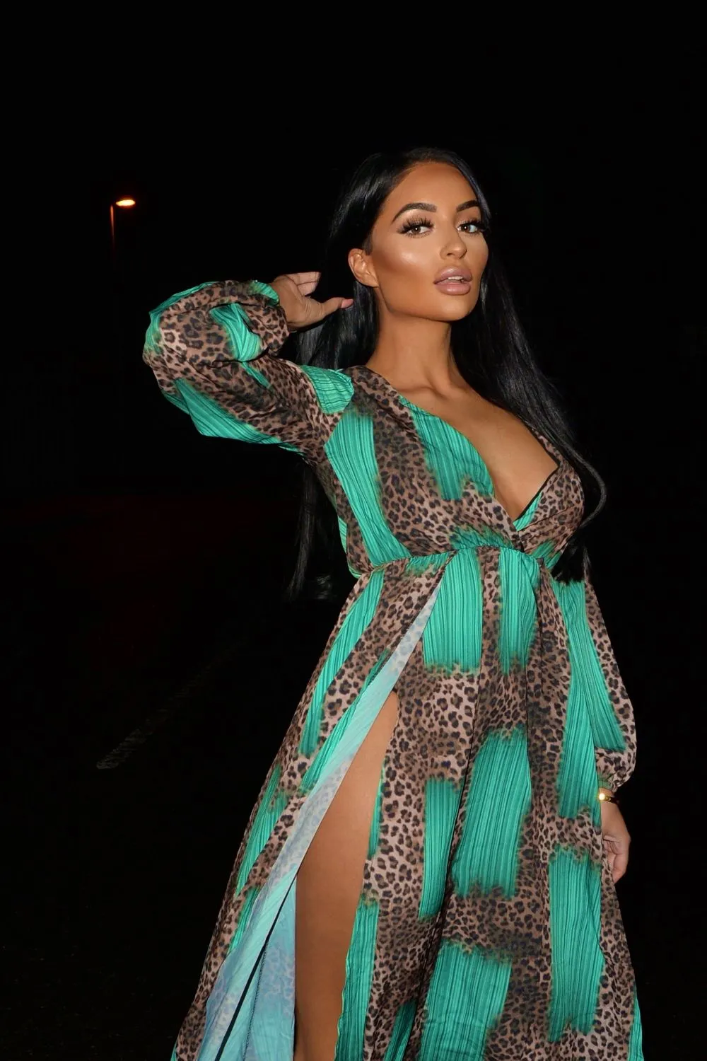 Wild Love Mint Green & Leopard Print Plunge Long Sleeve Double Slit Maxi Dress