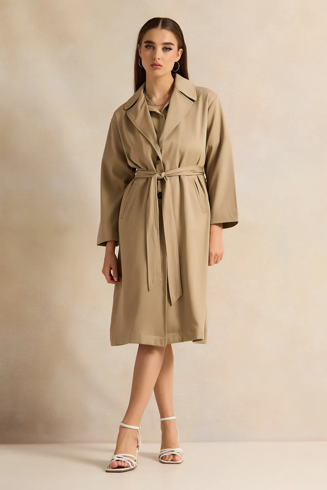 Women Beige Belted Trench Coat