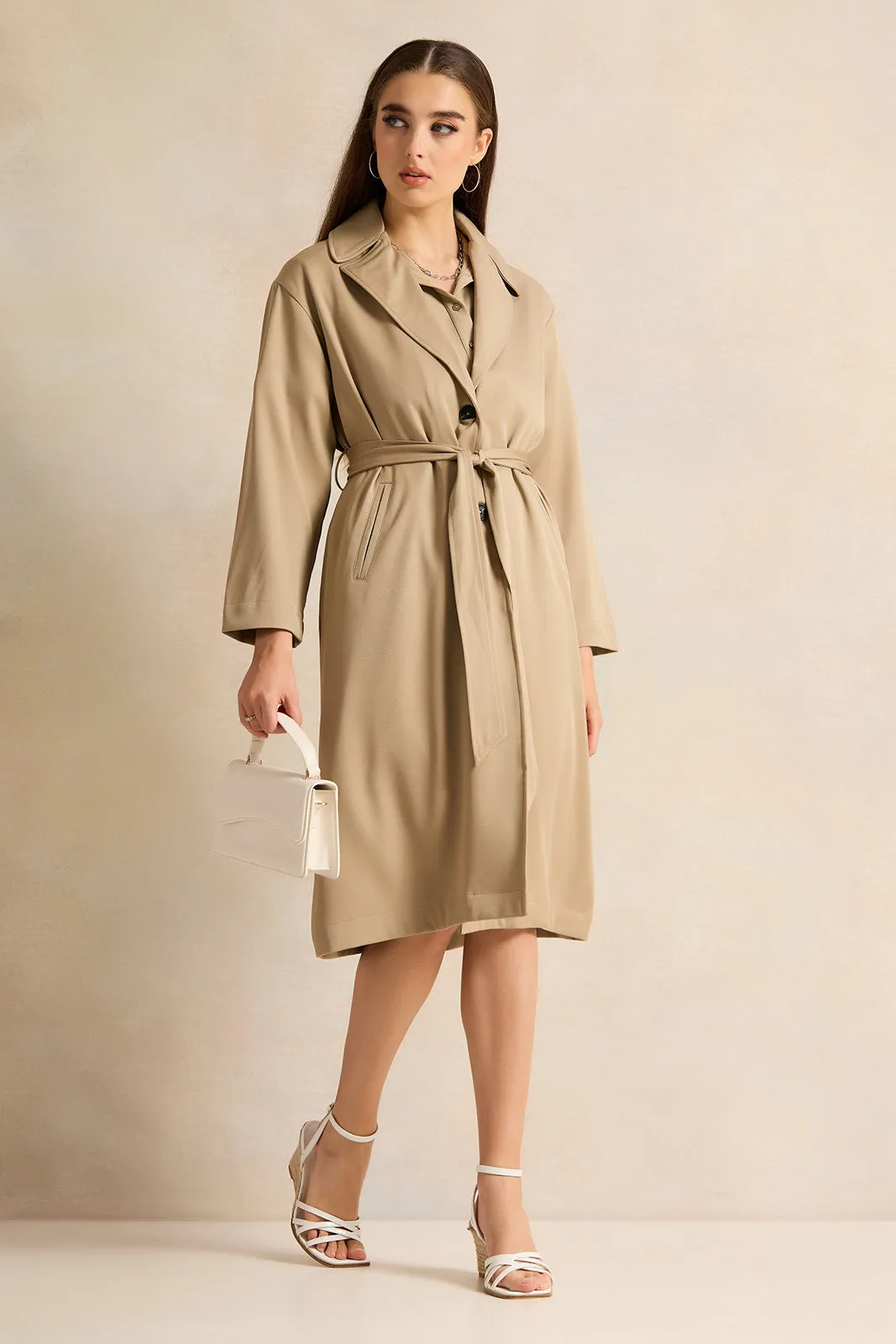 Women Beige Belted Trench Coat