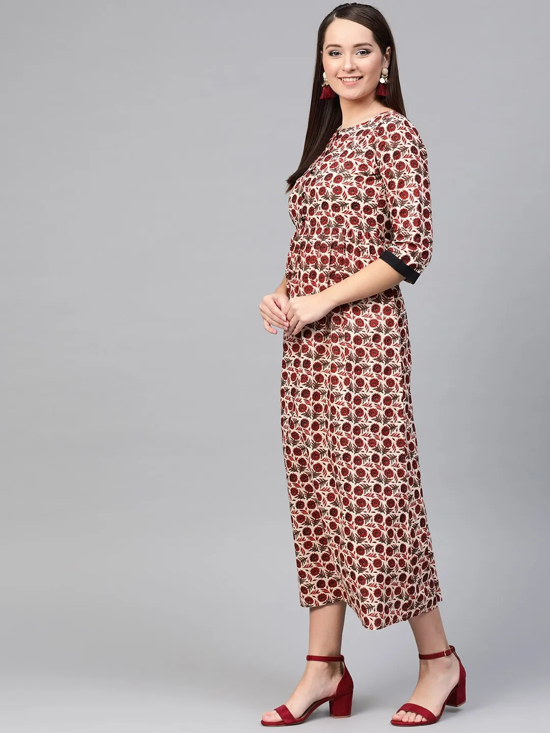 Women Cream & Brown Floral Printed Maxi Dress