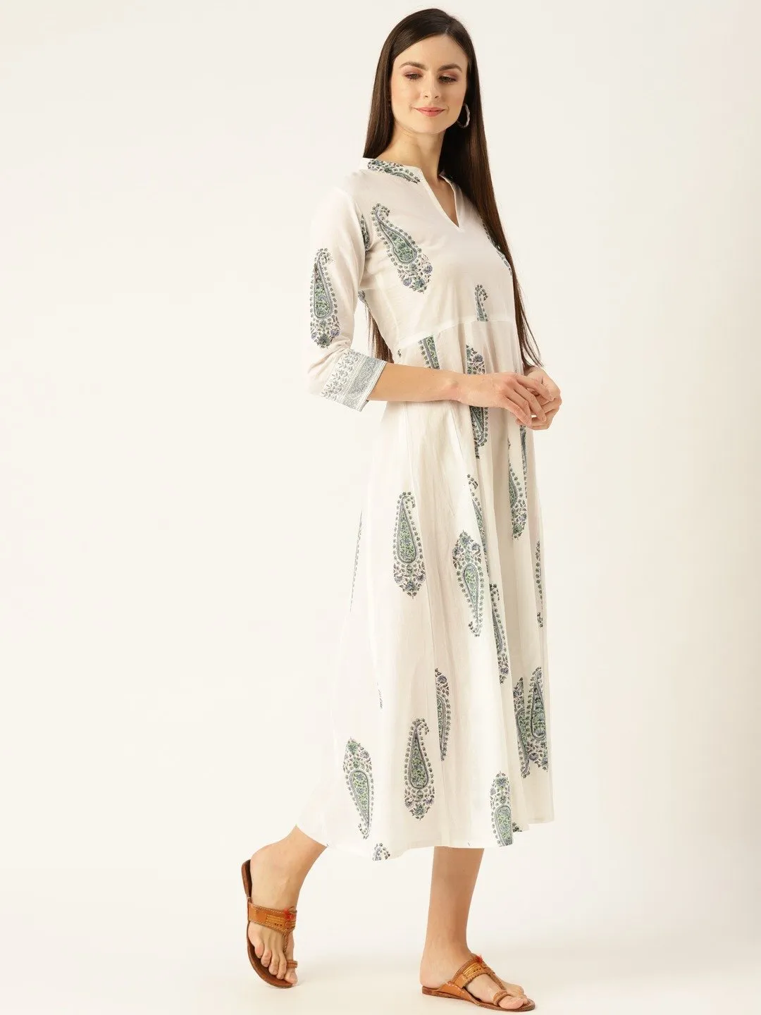 Women White Floral Printed Mandarin Collar Cotton Maxi Dress