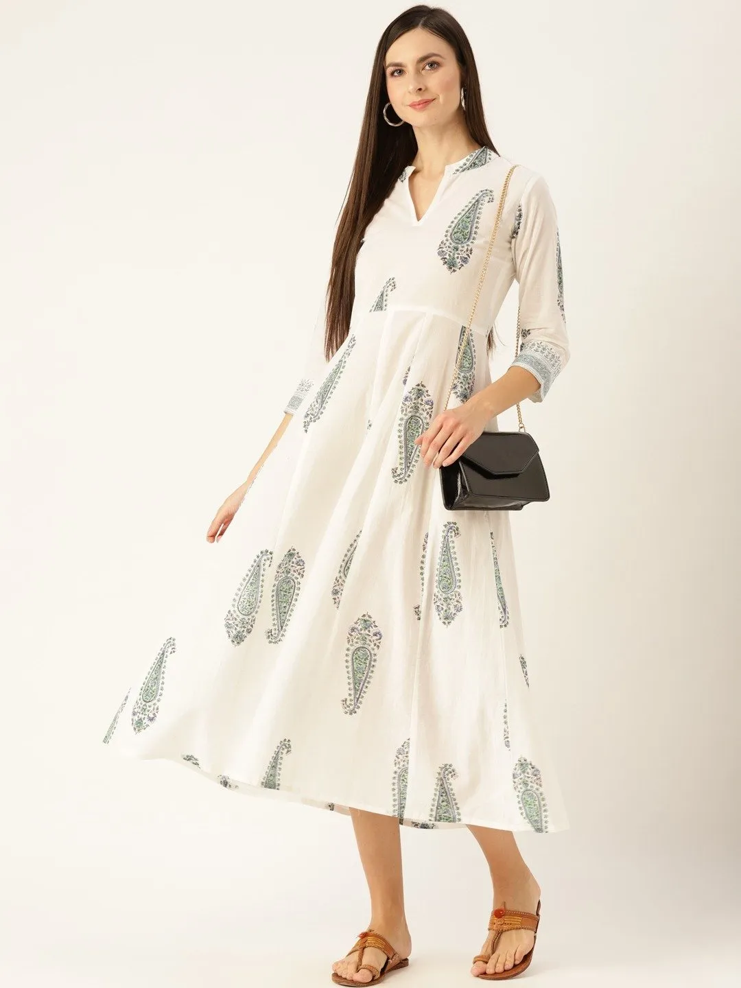 Women White Floral Printed Mandarin Collar Cotton Maxi Dress