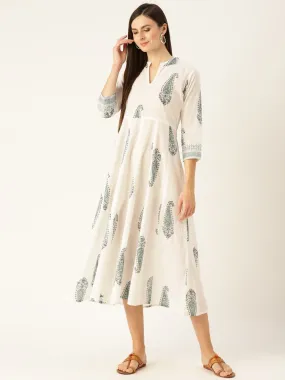 Women White Floral Printed Mandarin Collar Cotton Maxi Dress