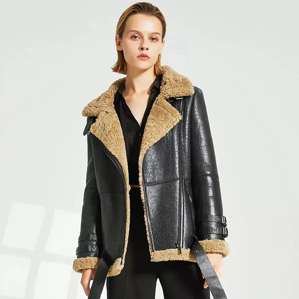 Women’s Black Leather Brown Shearling Big Fur Collar Coat