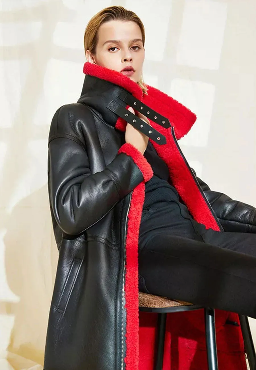 Women’s Black Leather Red Shearling Long Coat