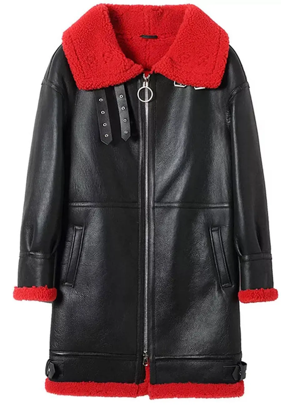 Women’s Black Leather Red Shearling Long Coat