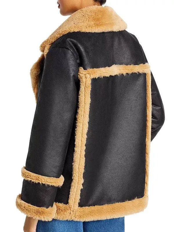 Womens Black Leather Shearling Double Breasted Jacket