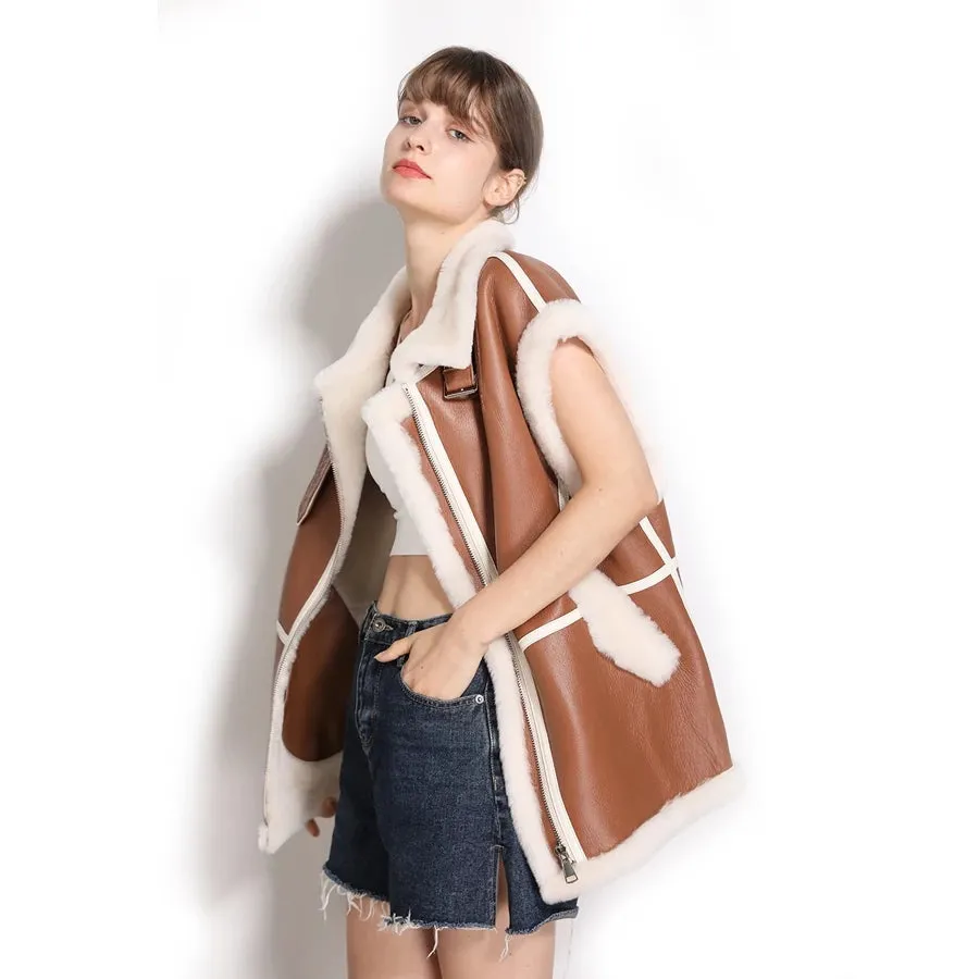 Women’s Camel Brown Leather Shearling Vest