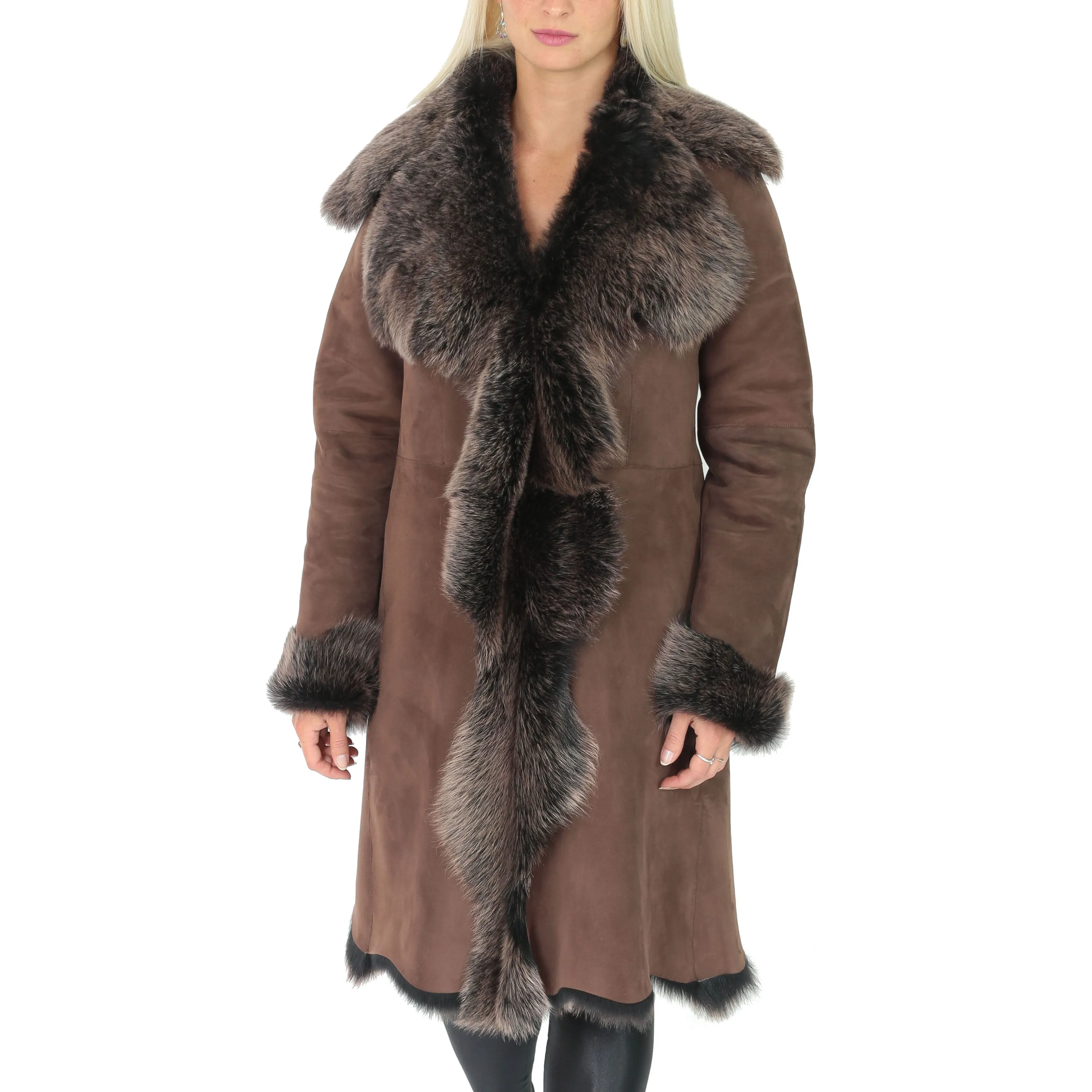 Womens Luxurious Toscana Long Coat Real Sheepskin Pamela Brown Gold