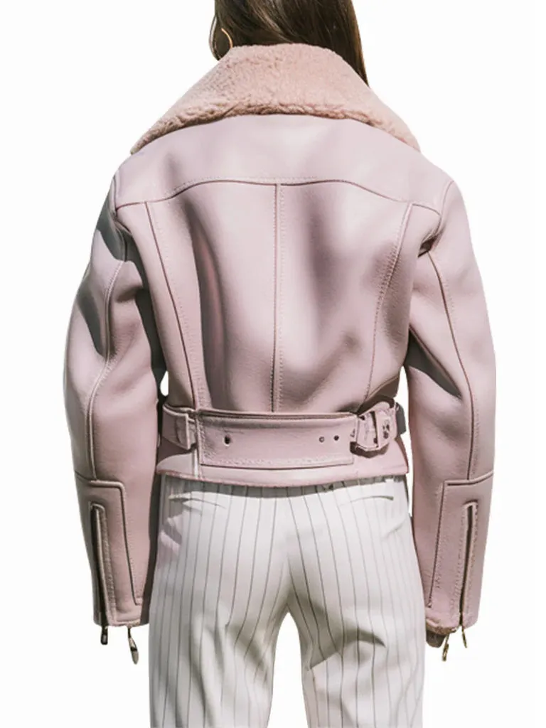 Women's Pastel Pink Genuine Shearling Couture Biker Jacket