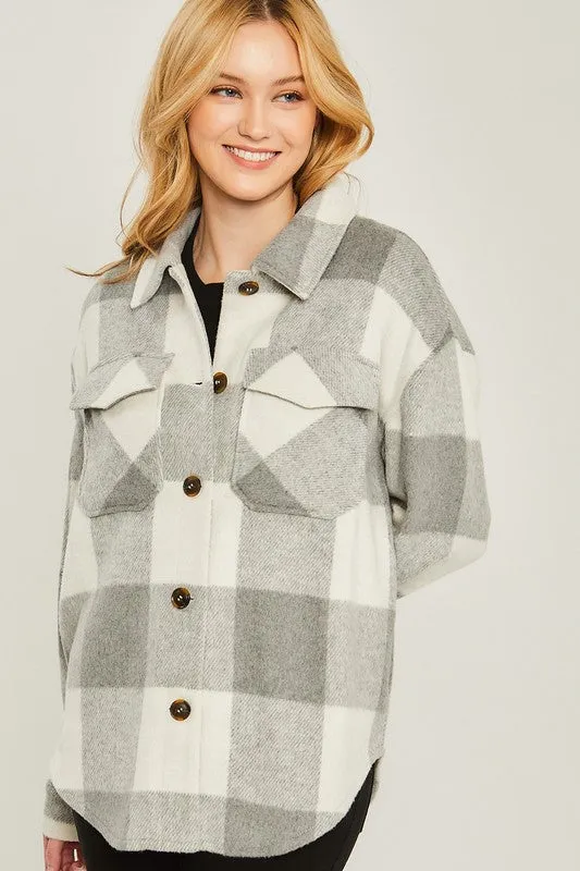 Woven Plaid Shacket - grey, khaki