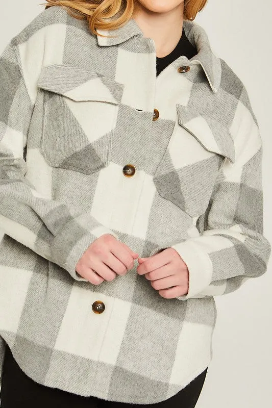 Woven Plaid Shacket - grey, khaki