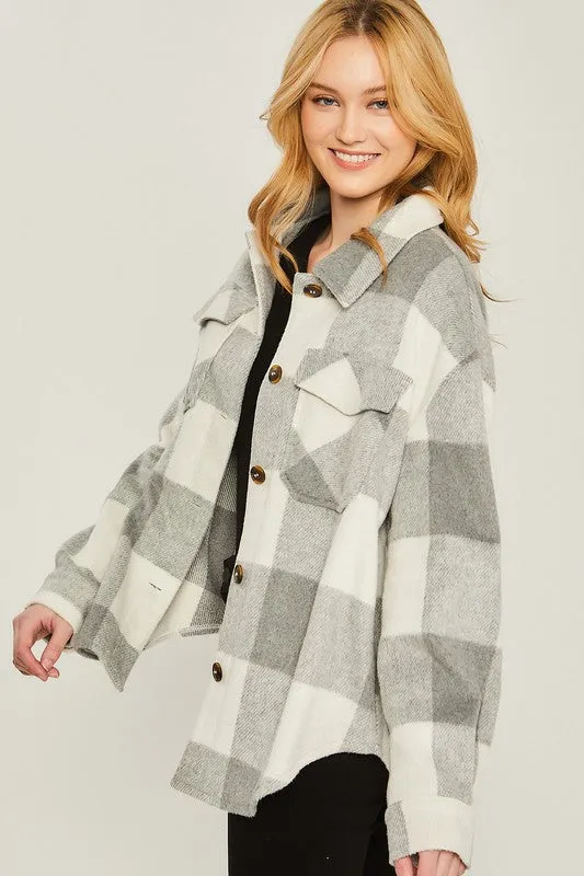 Woven Plaid Shacket - grey, khaki